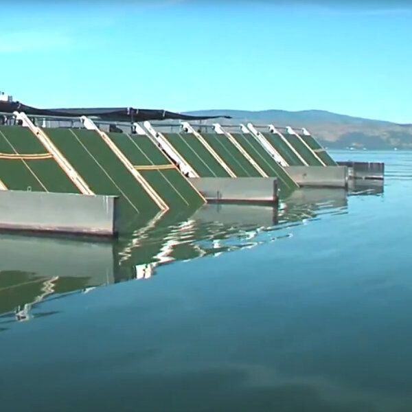 Barge flottante récoltant l'algue AFA dans le lac Klamath.