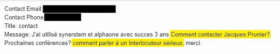 Extrait d'un email d'une personne demandant à contacter Jacques Prunier.