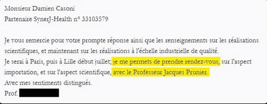 Extrait d'un email d'une personne demandant à contacter Jacques Prunier.