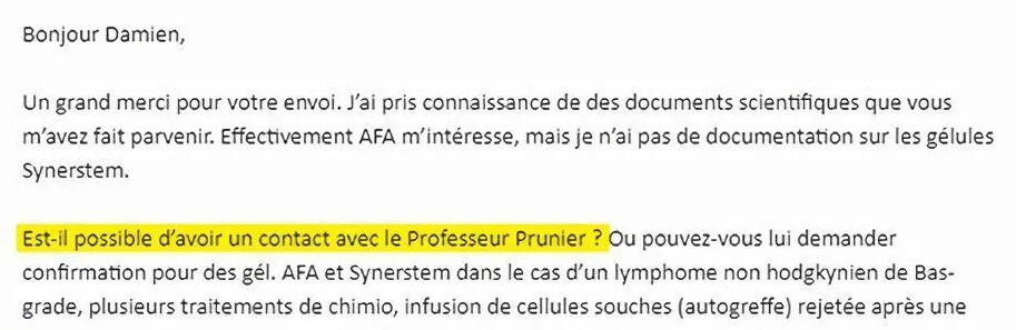 Extrait d'un email d'une personne demandant à contacter Jacques Prunier.