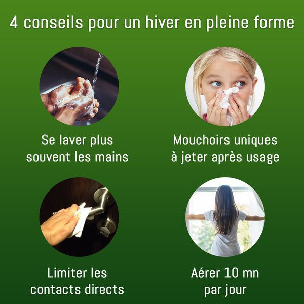 Infographie des quatre moyens principaux pour passer un hiver sans rhume.
