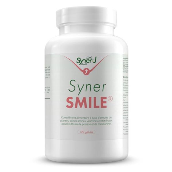Un flacon de SynerSMILE anti stress puissant par SynerJ-Health.