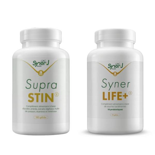 Un flacon de SupraSTIN et un flacon de SynerLIFE, une offre DUO SynerJ Health.