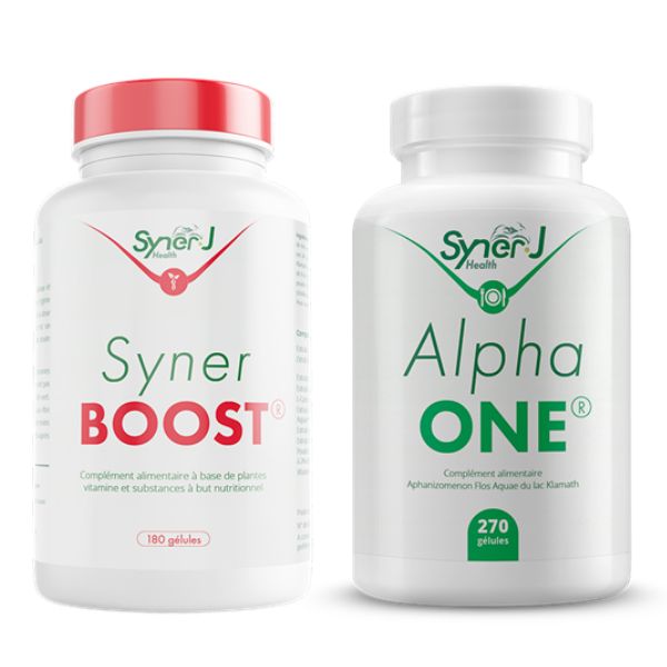 Un flacon de SynerBOOST et un flacon d'algue AFA 270 gélules par SynerJ-Health.