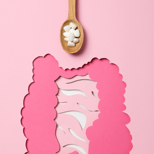 Concept d'intestin en papier rose avec une cuillère en bois et des granules homéopathiques.