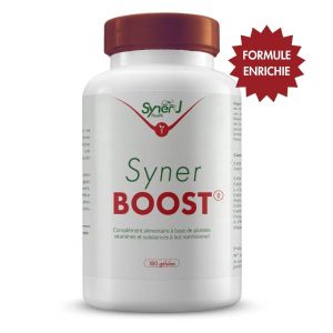 Un flacon de SynerBoost, stimulateur de celulles souche par SynerJ-Health.