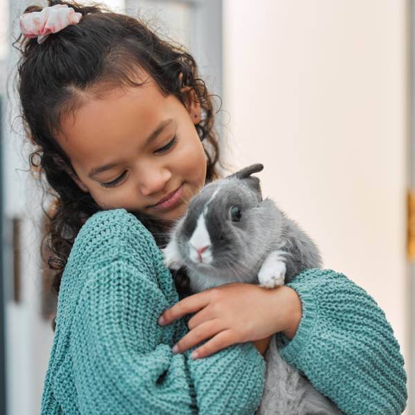 Une petite fille tient un lapin dans ses bras.