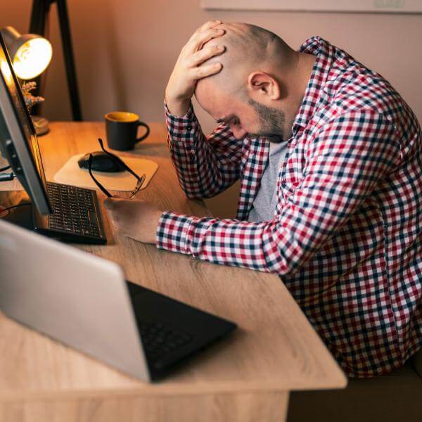 Un homme se prend la tête devant son ordinateur suite à un stress intense.