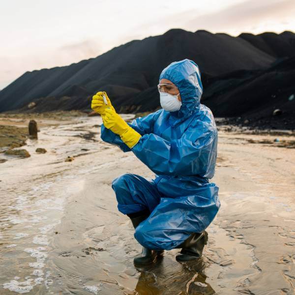Un scientifique sur le terrain fait un prélèvement d'échantillon de métaux lourds.