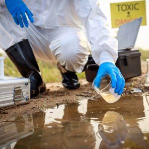 Un scientifique fait un prélèvement sur un sol pollué pour étudier l'intoxication aux métaux lourds.