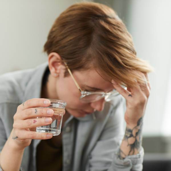 Une dame intoxiquée aux métaux lourds tient un verre d'eau et se tient le front, déprimée.
