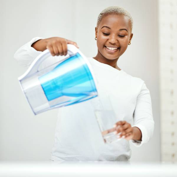 Une jeune femme utilise une carafe à eau filtrante.