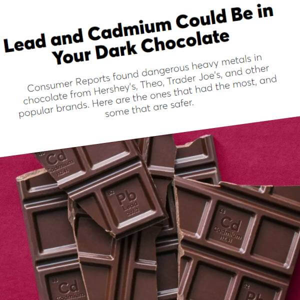 Capture d'écran du site Consumer Report sur leur étude sur la présence de métaux lourds dans le chocolat noir.