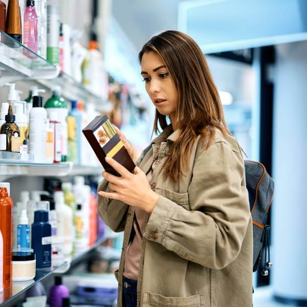 Une femme lit attentivement les ingrédients d'un produit cosmétique qu'elle considère acheter.