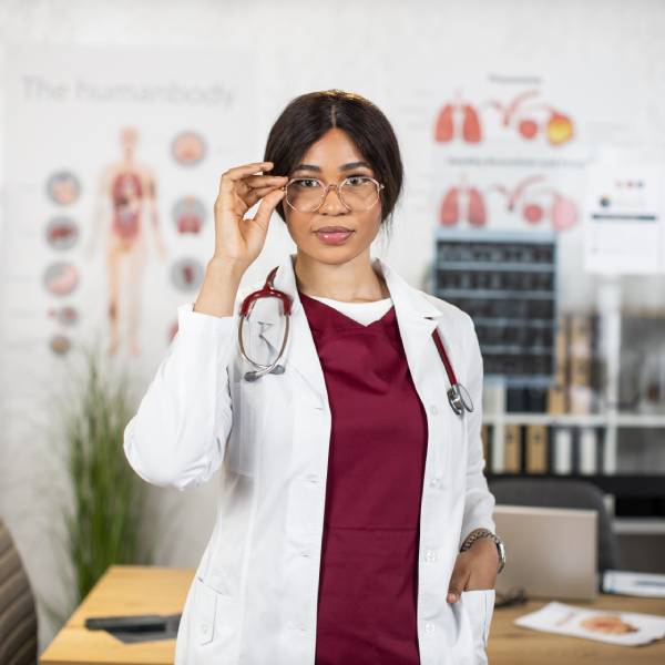 Une femme médecin se tient les lunettes.