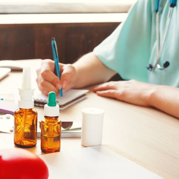 Une femme médecin homéopathe rédige une prescription d'homéopathie pour le sommeil.