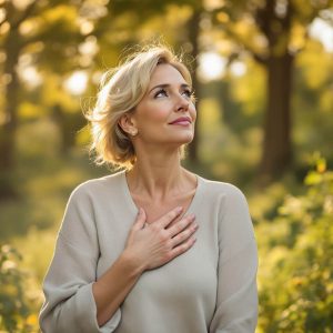 Femme ménopausée touchant sa poitrine, expression de douceur et paix.