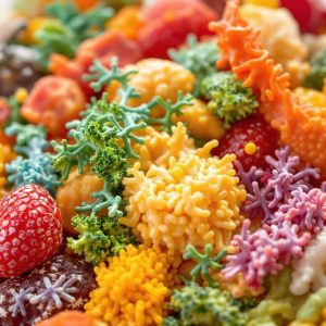 Des enzymes pancréatiques digestives interagissant avec des aliments variés.