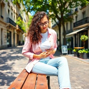 Une femme assise dans la rue a mal au pancréas.