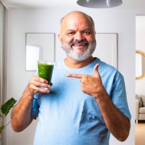 Un homme d'age mûr diabétique pointe du doigt un jus vert, une boisson sans sucre.
