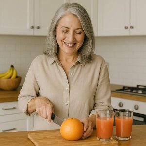 Une dame dans une cuisine coupe un pamplemousse pour en profiter de ses bienfaits.