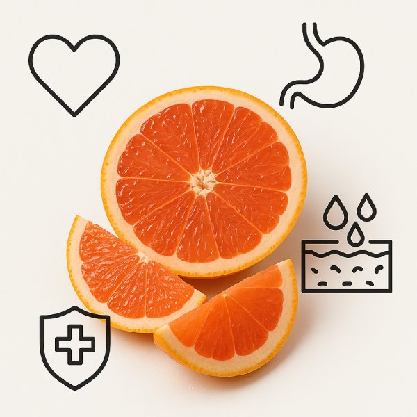 Illustration infographique des différents bienfaits du pamplemousse.