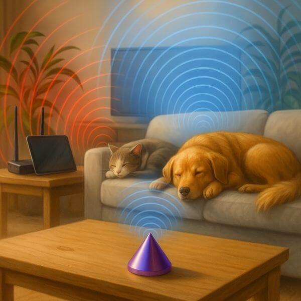 Un appareil CMO SynerWave MF posé sur une table de salon, un chat et un chien sur le canapé sont protégés des ondes EMF du wi-fi.