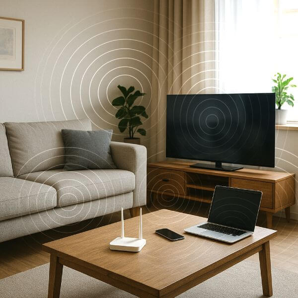 Intérieur d'appartement avec appareils diffusant des ondes électromagnétiques EMF.