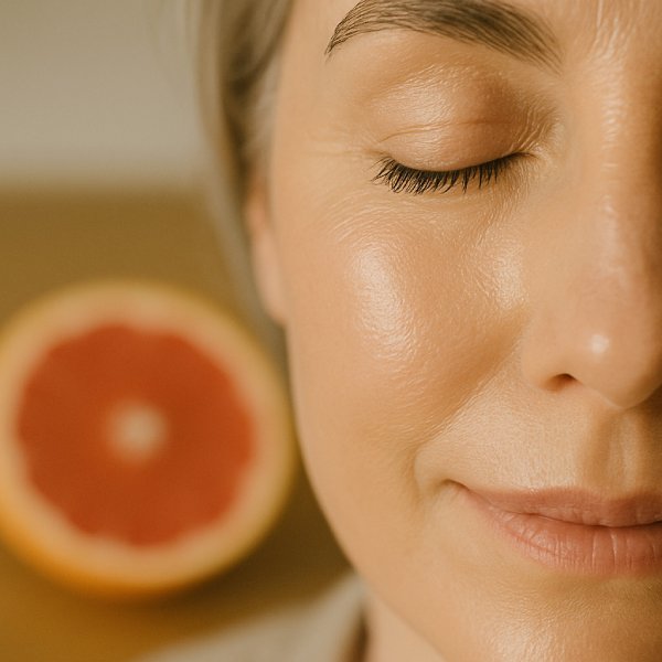 Visage en gros plan d'une femme à la peau éclatante avec un pamplemousse en arrière-plan.
