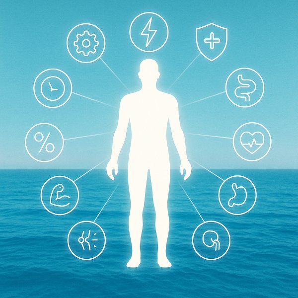 Infographie des 10 bienfaits de l'eau de Quinton, icones entourant une silhouette devant un arrière-plan marin.