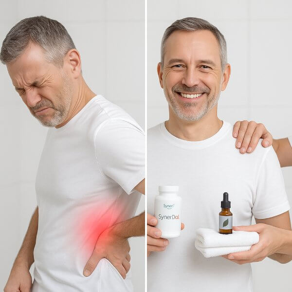 Image scindée : à gauche un homme souffrant de mal de dos musculaire. A droite : le même homme soulagé par l'anti-douleur musculaire SynerDOL.