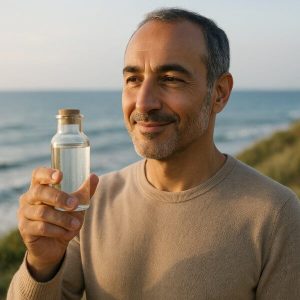 Un homme sur la plage tient un flacon d'eau de Quinton pour profiter de ses bienfaits.
