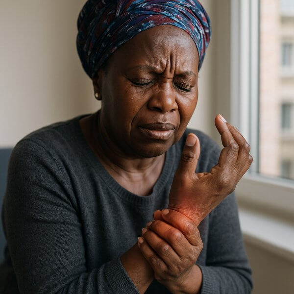 Une dame se tient le poignet de douleurs articulaires.