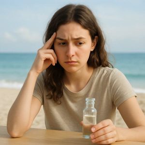 Une jeune femme près de la mer s'interroge sur le danger de l'eau de Quinton.