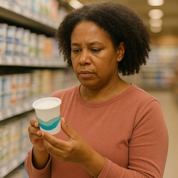 Une femme dans un supermarché regarde la composition d'un yaourt au soja.