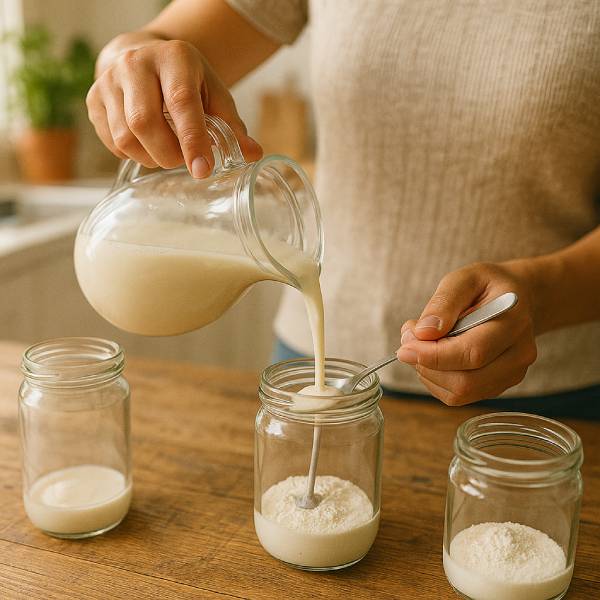 Gros plan sur une ménagère fabriquant du yaourt au soja maison.