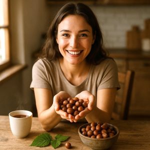 Jeune femme présentant les bienfaits des noisettes.