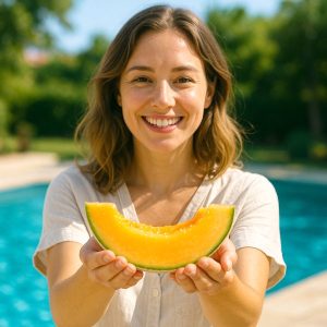 Femme souriante présentant une tranche de melon juteux au bord d’une piscine.