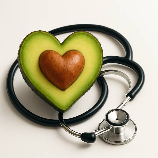 Avocat sculpté en cœur entouré d’un stéthoscope symbolisant la santé cardiovasculaire.
