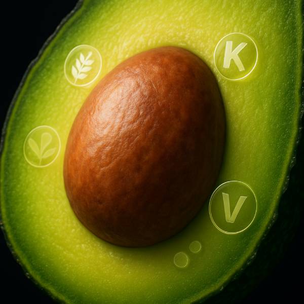 Gros plan macro sur la chair verte d’un avocat fraîchement coupé avec icônes nutritionnelles.