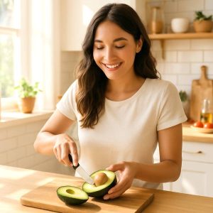 Jeune femme souriante découpant un avocat dans une cuisine lumineuse.