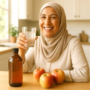 Une femme souriante dans une cuisine avec un verre de vinaigre de cidre.