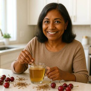 Femme préparant une tisane de queues de cerise dans une cuisine lumineuse