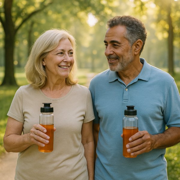 Une couple quinqagénaire marche dans un parc avec des bouteilles de vinaigre de cidre.