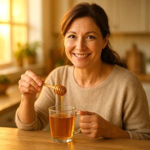 Femme versant du miel dans une tisane, ambiance chaleureuse à la lumière du soir