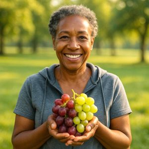 Femme d'âge mûr dans un parc tiens des grappes de raisins dans ses mains.