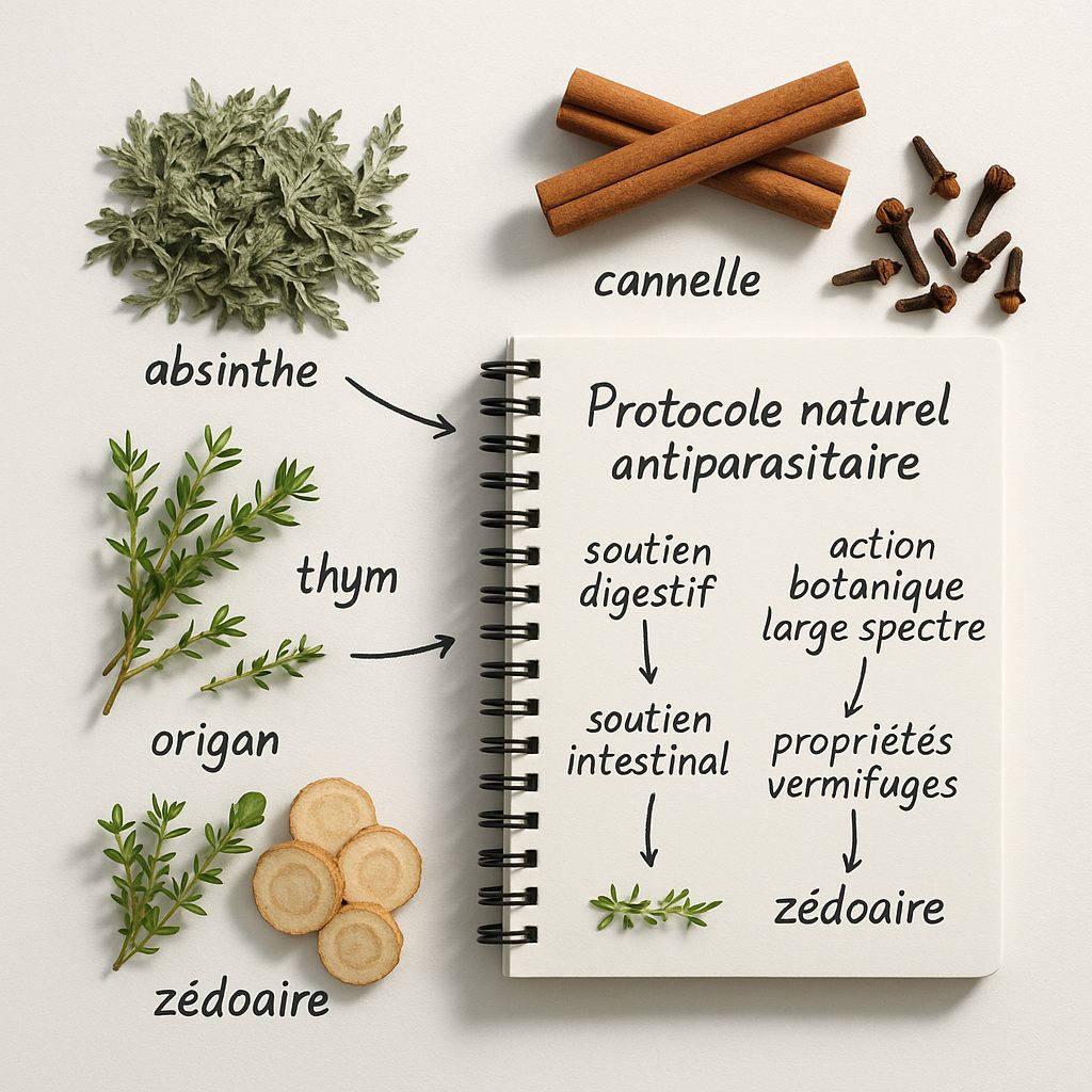 Tablette affichant un schéma digestif sain entouré d’herbes antiparasitaires pour évoquer l’action globale de SynerMECTIN.