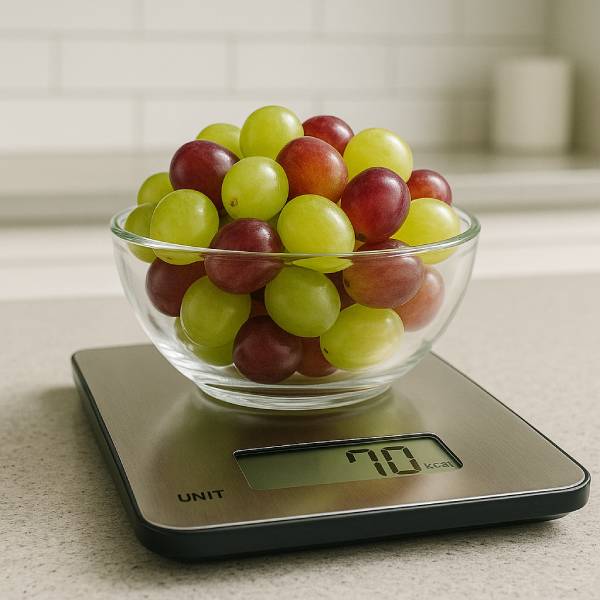 Grappe de raisins pesée sur une balance indiquant environ 70 calories