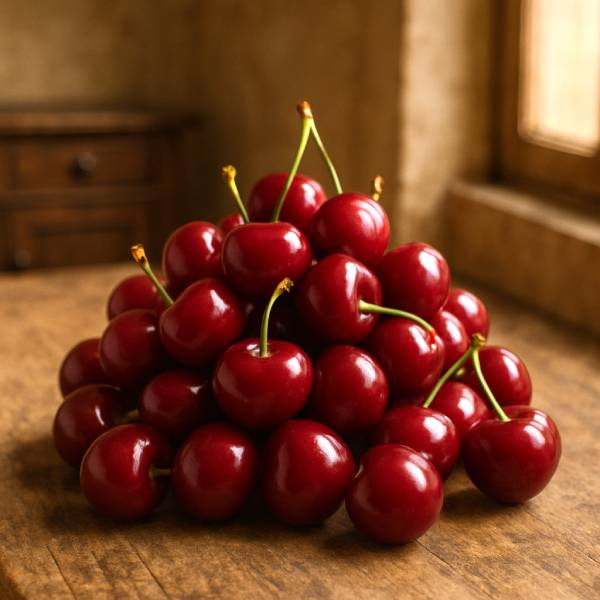 Pile de cerises rouges brillantes sur une planche de cuisine en bois