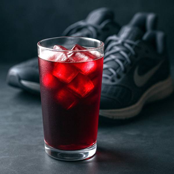 Verre de jus de cerise acidulée devant des chaussures de course, symbolisant la récupération anti‑inflammatoire